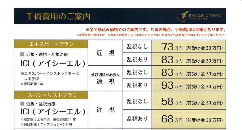 アイクリニック東京ICL手術費用の案内