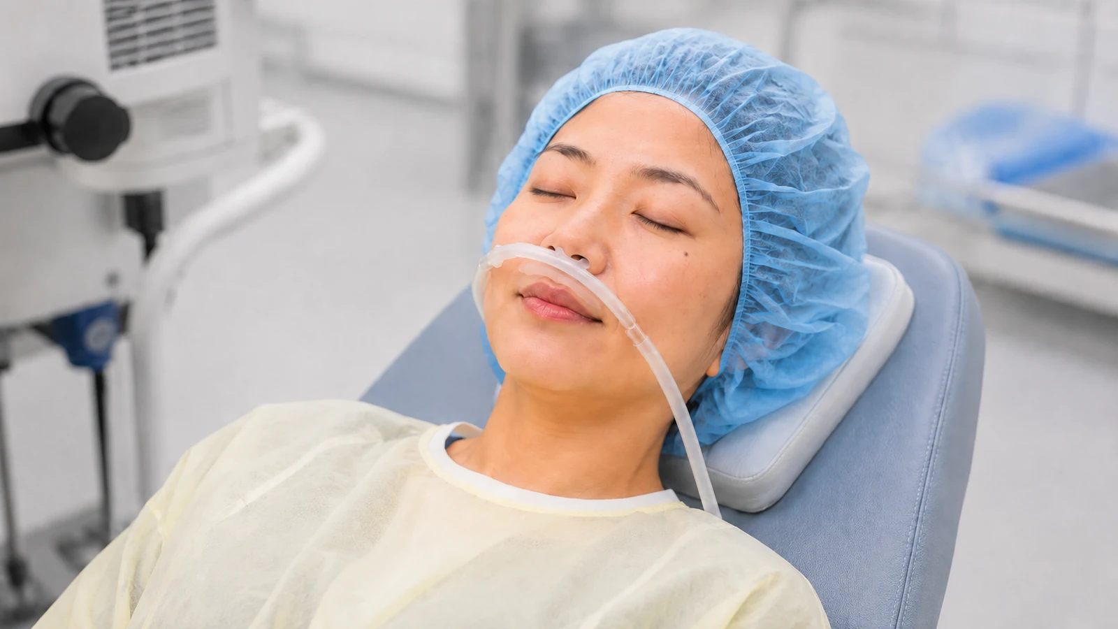 ICL手術で使用する笑気麻酔の鼻カニューレを装着して目を閉じている様子