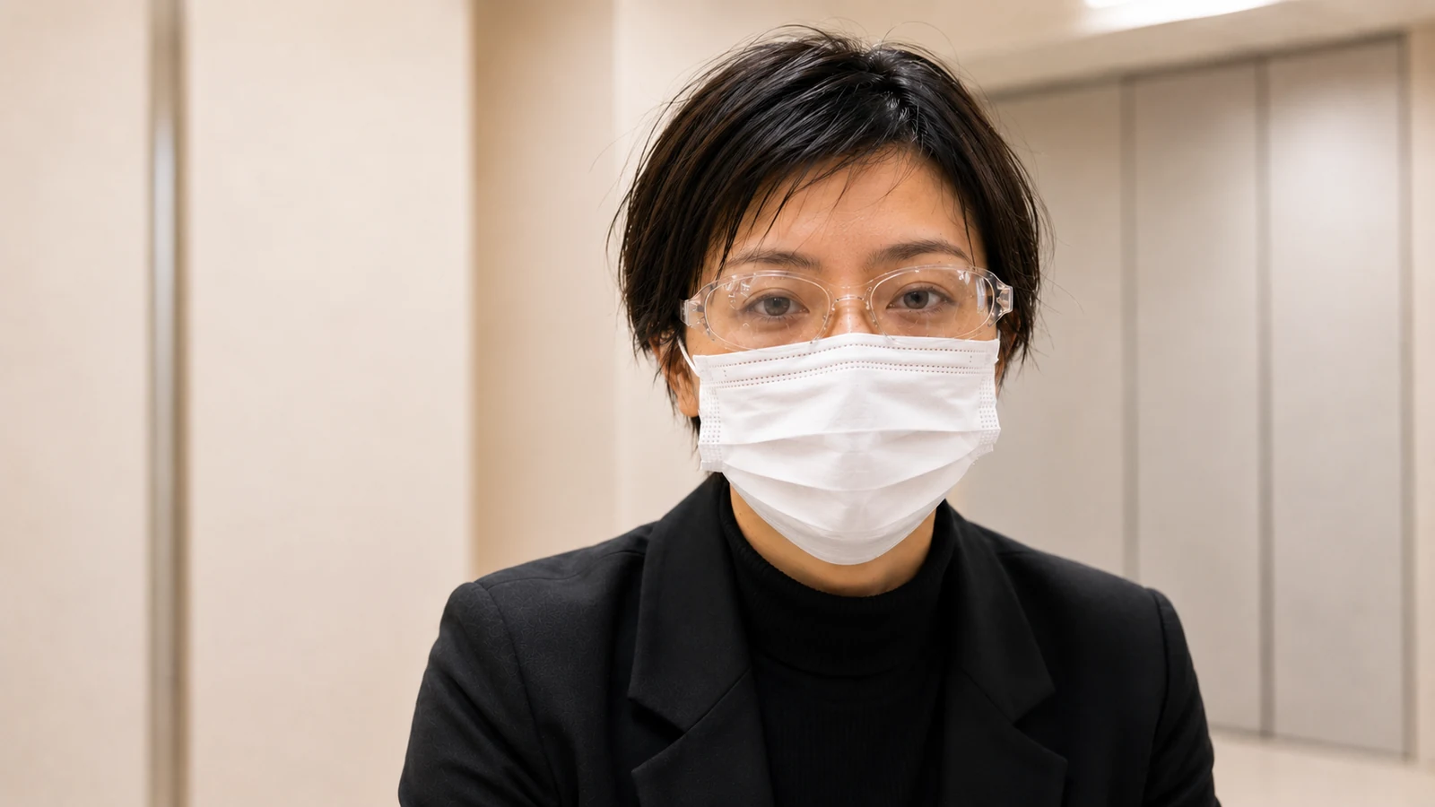 ICL術後に装着する保護メガネとマスク姿
