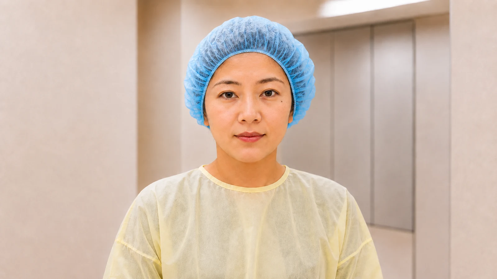 ICL手術前に手術キャップと手術着を装着して順番を待つ様子